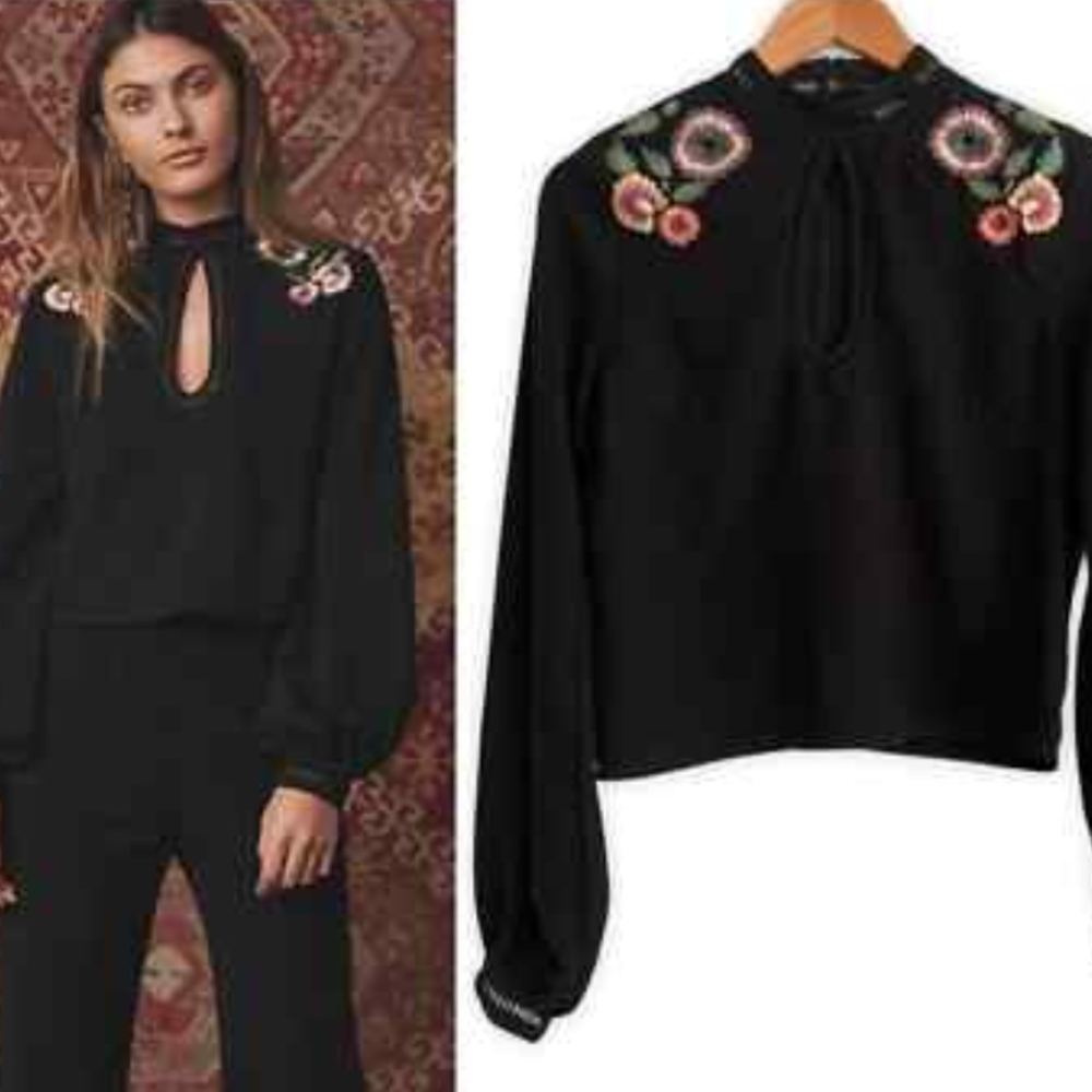 Tularosa Black Floral Embroidered Blouse